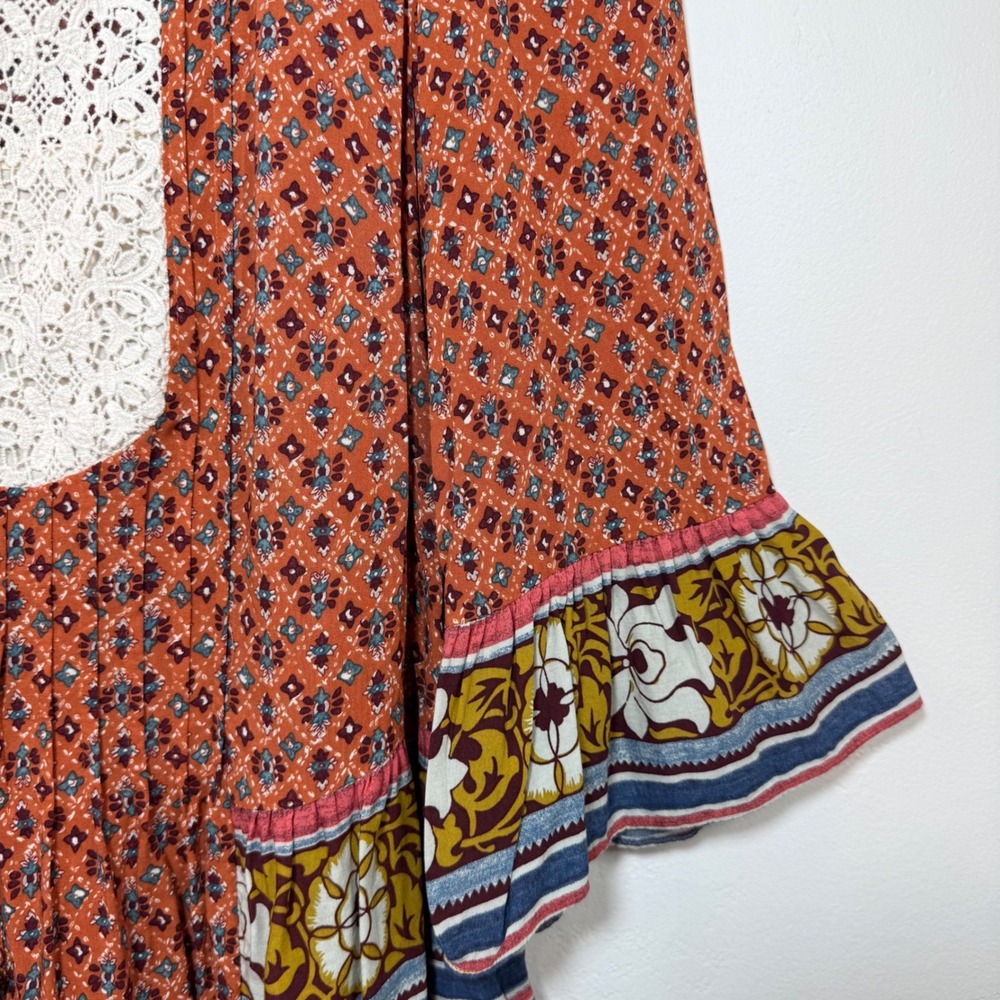 Maeve Anthropologie Mixed Print Blouse Sz 4 Orange Lace Bib Boho Ruffle Peasant - Picture 6 of 14